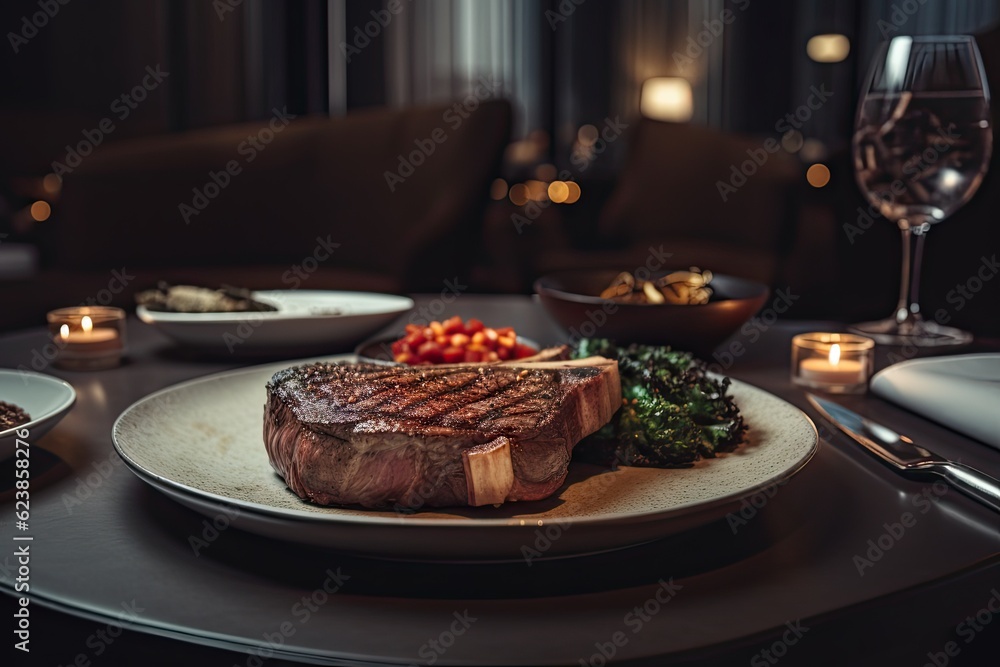 Grilled Beef Steak on Plate with Restaurant Table Background Grilled Beef Steak on Plate with Restaurant Table Background