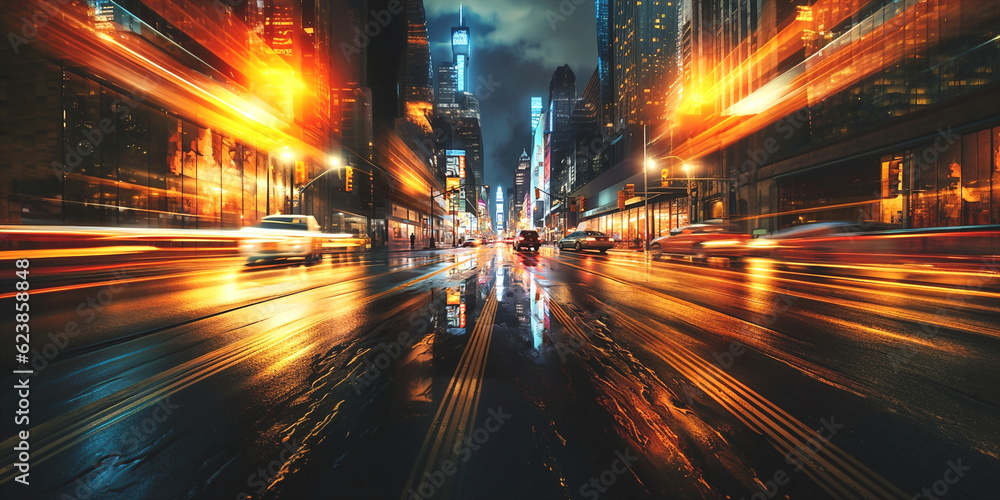 evening city blurred light ,car traffic , high buildings, New York background template 