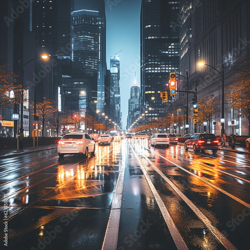 evening city blurred light  car traffic   high buildings  New York background template 