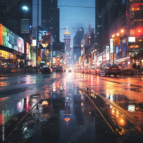 evening city blurred light ,car traffic , high buildings, New York background template 