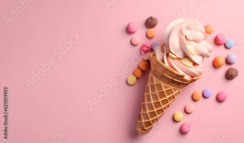 Ice cream on a pink background, banner, Generative AI