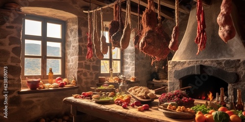 Braided onion and chilli, salami, hams hanging on wooden beams in old Italian kitchen with fireplace and laid table