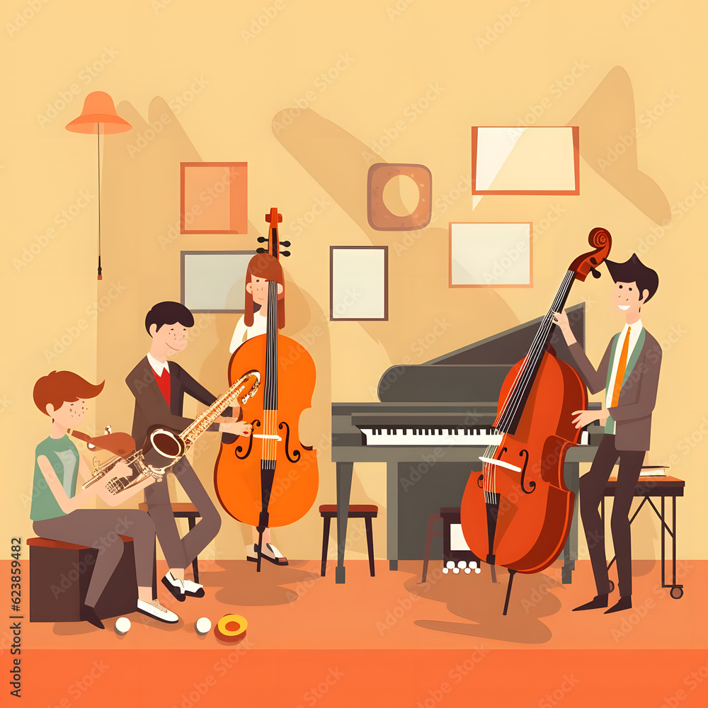 Clipart of middle school students practicing their musical instruments in a band class