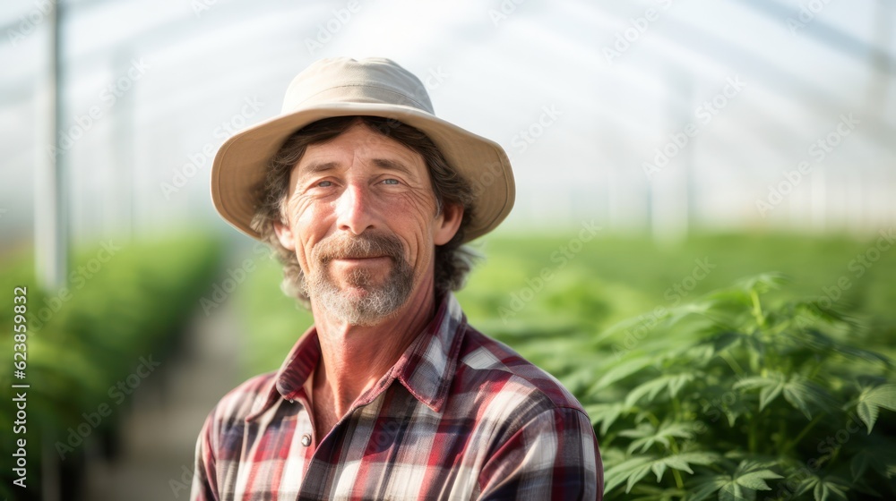 Portrait of a handsome smiling worker in uniform standing in the greenhouse with a green plantation in the background. Generative Ai.