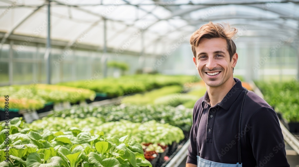 Obraz premium Portrait of a handsome smiling worker in uniform standing in the greenhouse with a green plantation in the background. Generative Ai.