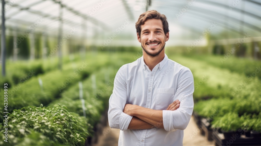 Portrait of a handsome smiling worker in uniform standing in the greenhouse with a green plantation in the background. Generative Ai. Portrait of a handsome smiling worker in uniform standing in the greenhouse with a green plantation in the background. Generative Ai.