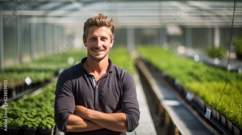 Portrait of a handsome smiling worker in uniform standing in the greenhouse with a green plantation in the background. Generative Ai.