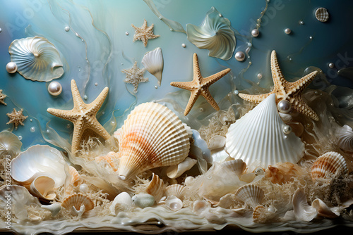 Generative AI. Mermaid core aesthetics. underwater, iridescence, nautical concept. seashells, starfish and pearls on blue background © Анна Мартьянова