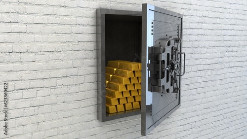 An open safe with gold bars inside a slide. 3D render