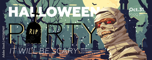 Halloween party banner with mummy on tombstones backdrop. Horizontal poster evil zombie in moonlit cemetery. Art cover spooky dead man. Holiday evening promo artwork flyer. Trendy typography eps print