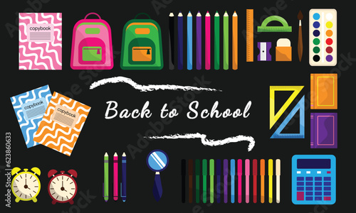 Back to school set. Set of study school supplies: backpack, pencils, brushes, paints, ruler, sharpener,calculator, book. Stationery subjects. Back to school. Flat illustration.