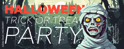 Halloween trick or treat party horizontal banner. Zombie on tombstones backdrop. Poster angry mummy in cemetery. Art cover evil dead man. Holiday evening promo artwork flyer. Vector trendy typography