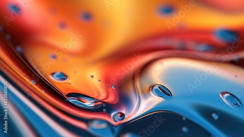 Fotografie The close up of a glossy liquid surface abstract in red, yellow, and blue colors with a soft focus