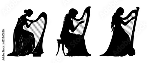 Harpist silhouette black filled vector Illustration