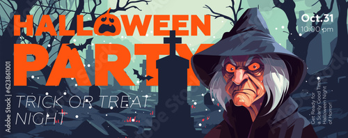 Halloween party banner with witch on tombstones backdrop. Horizontal poster evil sorceress in moonlit cemetery. Art cover spooky old hag. Holiday night promo artwork flyer. Trendy typography eps print