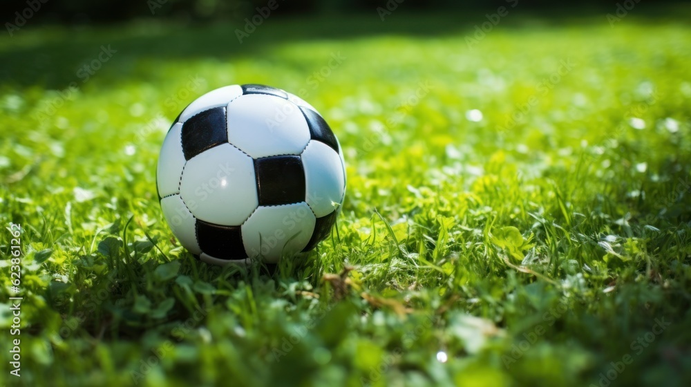 Fototapeta premium Black and white football on green grass