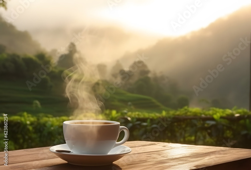 Cup of tea placed on outdoor table in front of tea field