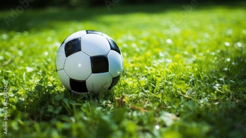 Black and white football on green grass
