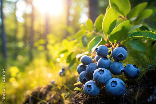 Blueberries on a bush in a summer sunny forest