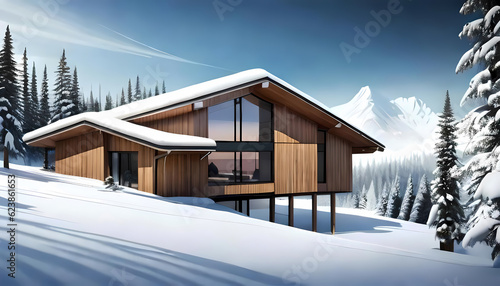 Modern chalet covered with snow