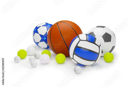 Set di palle e sport diversi su sfondo bianco - illustrazione 3d