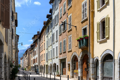 Views of central part of Grenoble city witn mountains around, old cable car, Bastille fortress, Isere, France © barmalini