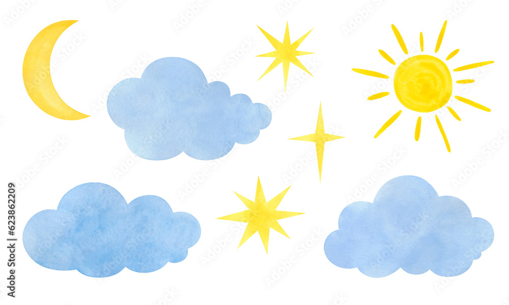 Watercolor set of sun, stars and clouds, isolated on white background. Drawn by hand. Element for holiday, design, decoration. Texture of watercolor on paper. Watercolor set of sun, stars and clouds, isolated on white background. Drawn by hand. Element for holiday, design, decoration. Texture of watercolor on paper.