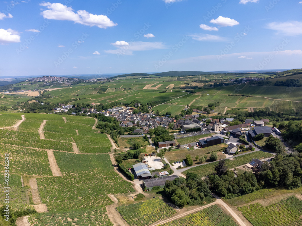 View on hilly Sancerre Chavignol appellation vineyards, Cher department, France, overlooking iver Loire valley, noted for its white Sancerre dry savignon blanc wine. View on hilly Sancerre Chavignol appellation vineyards, Cher department, France, overlooking iver Loire valley, noted for its white Sancerre dry savignon blanc wine.