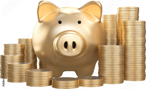 Gold Piggy bank with with money coins, concept saving money for investment ,financial plan,3D rendering