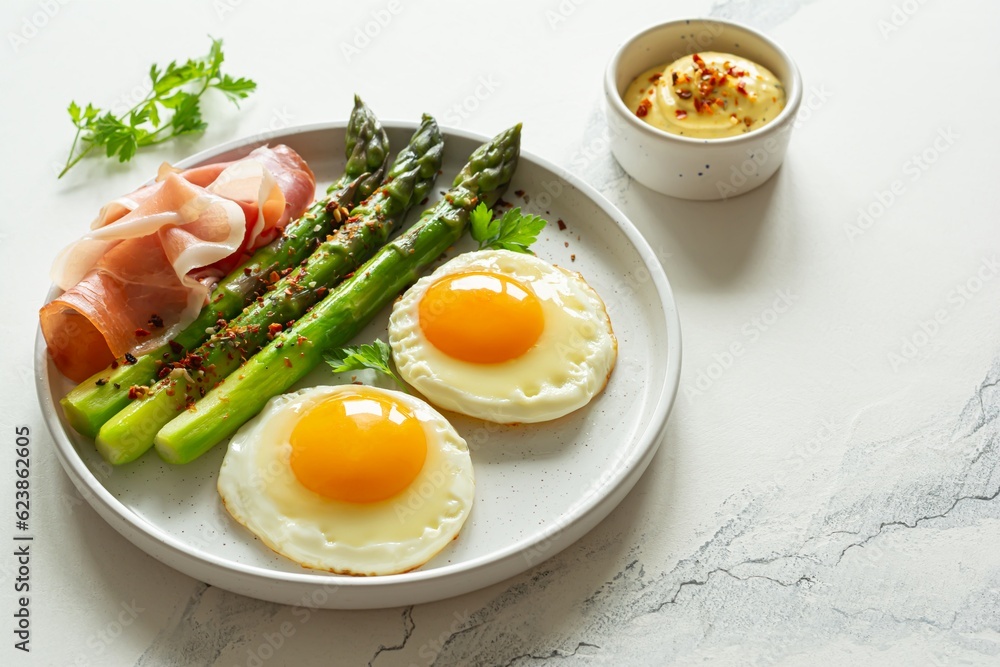 Breakfast fried eggs with fresh asparagus and ham (jamon), herbs in a plate on a white background. Delicious hearty brunch. Breakfast fried eggs with fresh asparagus and ham (jamon), herbs in a plate on a white background. Delicious hearty brunch.