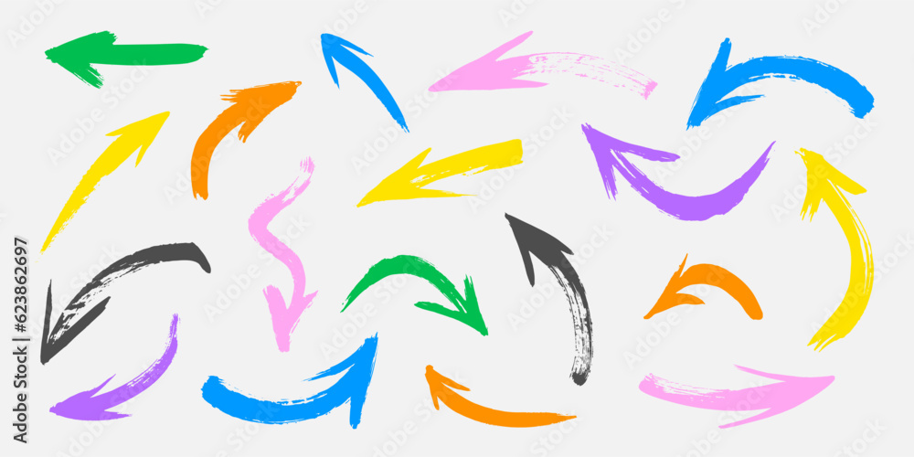 Multicolored hand drawn arrows.Set of grunge pointers.Vector illustration