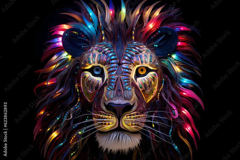 A majestic lion figure crafted from metal comes to life with the vibrant glow of colorful LED lights, radiating strength and beauty (Generative AI)