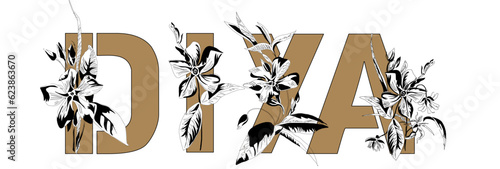 Woman's name Diya. Font composition named DIYA. Decorative floral font. Typography in the style of art nouveau, modern, vintage.