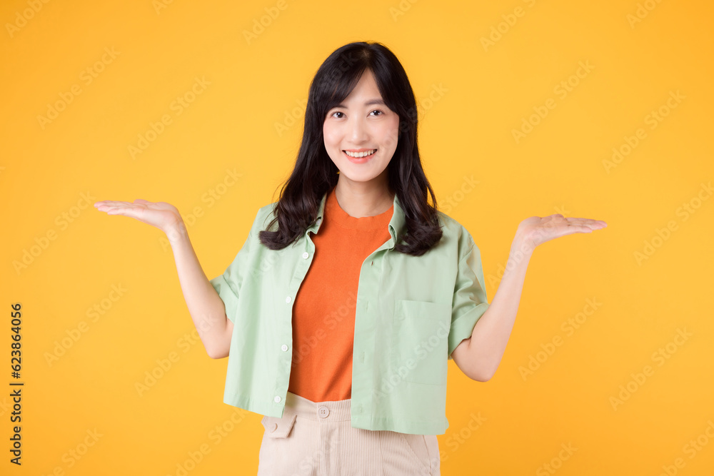 Vibrancy and joy portrait Asian young woman wears pastel green shirt on orange shirt and show happy smile while pointing hand gesture to free copy space. Perfect for adding lively touch to projects. Vibrancy and joy portrait Asian young woman wears pastel green shirt on orange shirt and show happy smile while pointing hand gesture to free copy space. Perfect for adding lively touch to projects.
