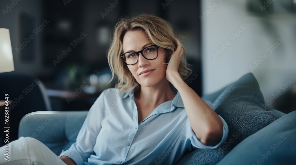 Beautiful Caucasian woman wearing glasses relaxing at home. Stay at home concept. Generative Ai.