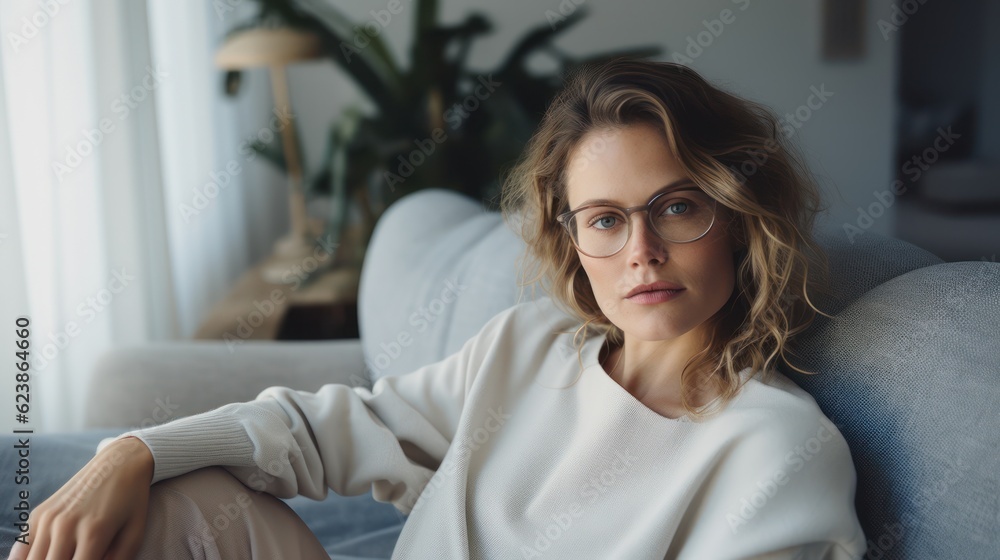 Beautiful Caucasian woman wearing glasses relaxing at home. Stay at home concept. Generative Ai. Beautiful Caucasian woman wearing glasses relaxing at home. Stay at home concept. Generative Ai.