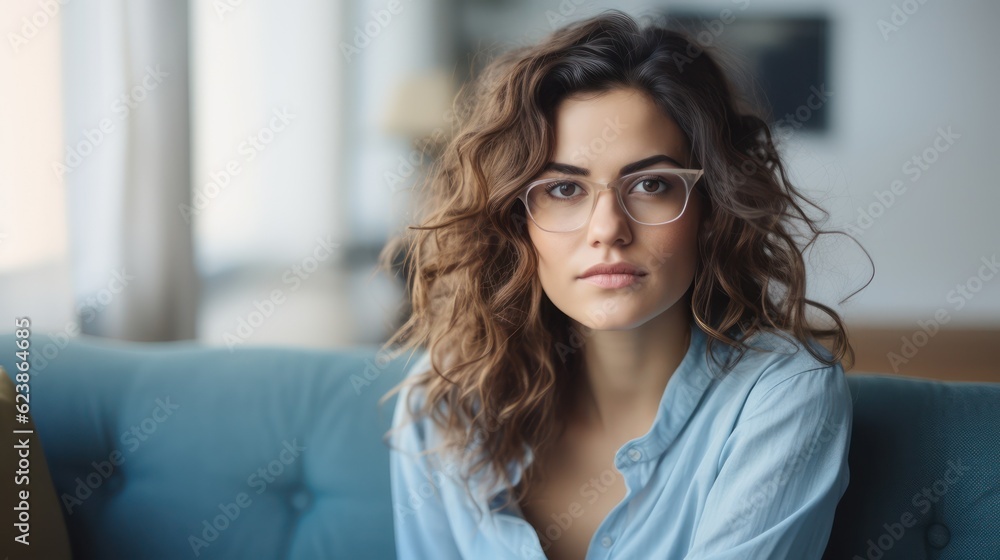 Beautiful Caucasian woman wearing glasses relaxing at home. Stay at home concept. Generative Ai. Beautiful Caucasian woman wearing glasses relaxing at home. Stay at home concept. Generative Ai.