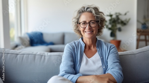Beautiful Caucasian woman wearing glasses relaxing at home. Stay at home concept. Generative Ai.