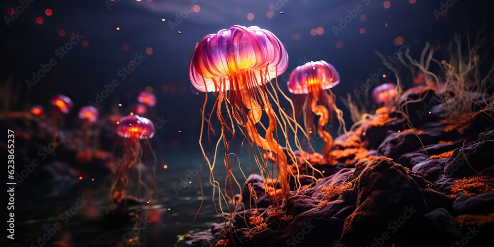 Obraz premium AI Generated. AI Generative. Red jellyfish underwater wildlife sea ocean aquarium life. Graphic Art