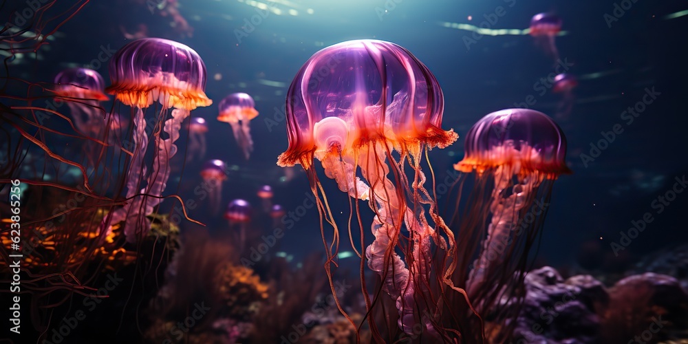 AI Generated. AI Generative. Red jellyfish underwater wildlife sea ocean aquarium life. Graphic Art