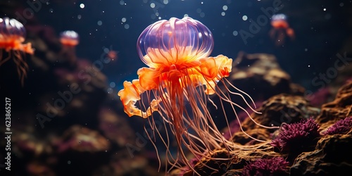 AI Generated. AI Generative. Red jellyfish underwater wildlife sea ocean aquarium life. Graphic Art © AkimD