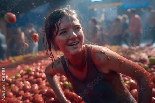 A girl at a tomato festival in Spain, la tomatina, Generative AI 3 photo