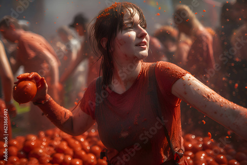 A girl at a tomato festival in Spain, la tomatina, Generative AI 1 photo