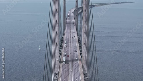 Panoramic aerial close up view of Oresund bridge over the Baltic sea between Malmo city in Sweden and Copenhagen in Denmark. photo