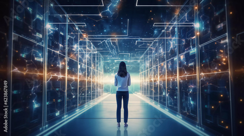  Digital graphics Futuristic 3D Concept, Big Data Center , Woman Chief Technology Officers Standing In Warehouse, Information Digitalization Lines, technology and data, Generative AI.