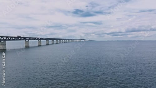 Panoramic aerial close up view of Oresund bridge over the Baltic sea between Malmo city in Sweden and Copenhagen in Denmark. photo
