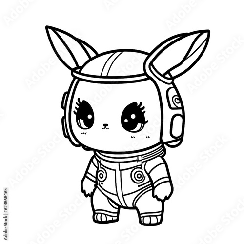 rabbit in an astronaut suit in a space helmet  standing on two feet  cartoon style  happy bunny  black and white  vector  coloring page  character  a cartoon style 