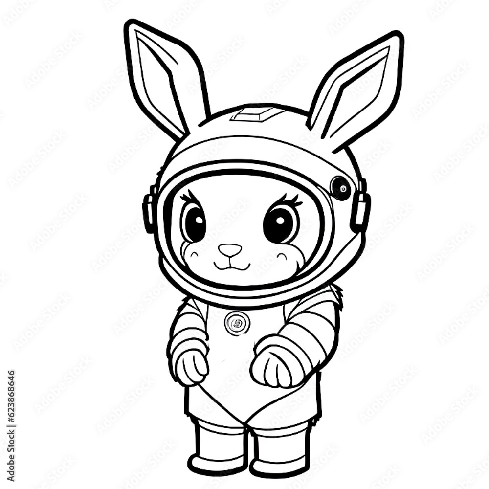 rabbit in an astronaut suit in a space helmet, standing on two feet, cartoon style, happy bunny, black and white, vector, coloring page, character, a cartoon style,