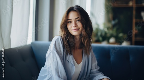 portrait of an elegant young woman sitting on the sofa. Beautiful Caucasian woman relaxing at home. Stay at home concept. Generative Ai.
