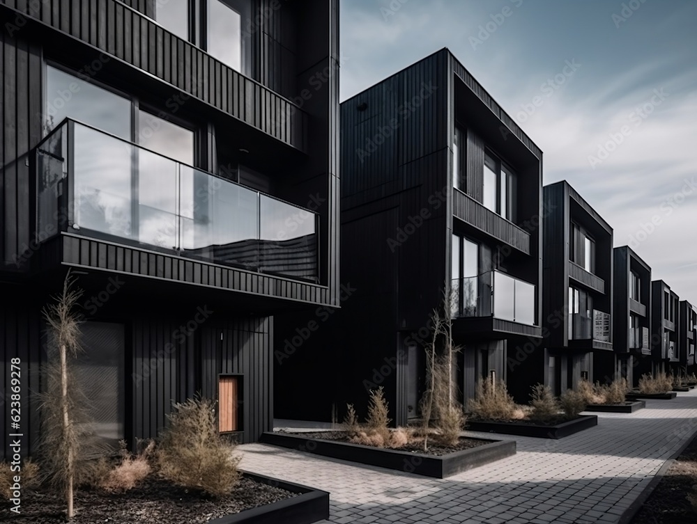 Modern modular private black townhouses residential architecture exterior generative ai